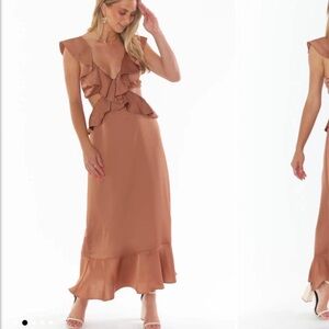 Show Me Your MuMu Tan Ruffle Midi Dress
